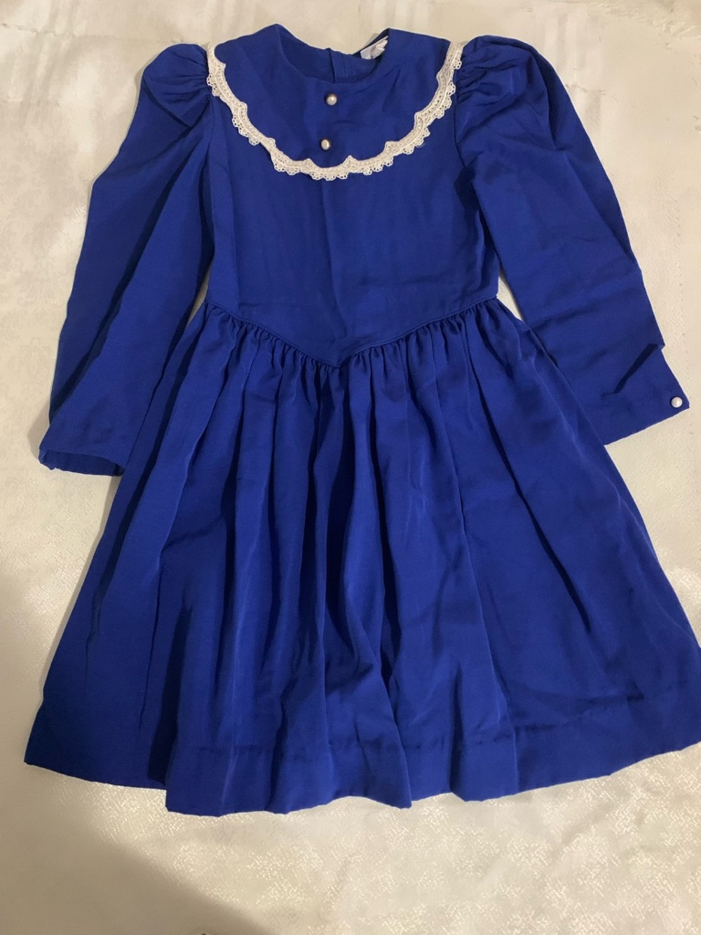Girls 80s Royal Blue Long Sleeve Lace Collar Dress